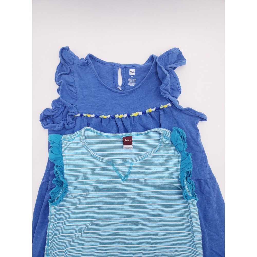 Tea Collection Dress Lot Blue Ruffle Sleeve Cotton Striped Tiered Size 10
